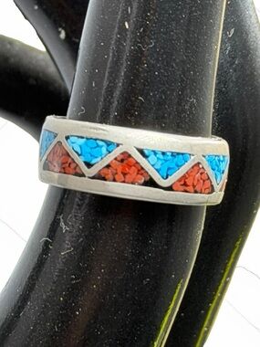 Vintage Sterling Silver 925 Navajo Blue Turquoise Red Coral Ring Band Size 5.5